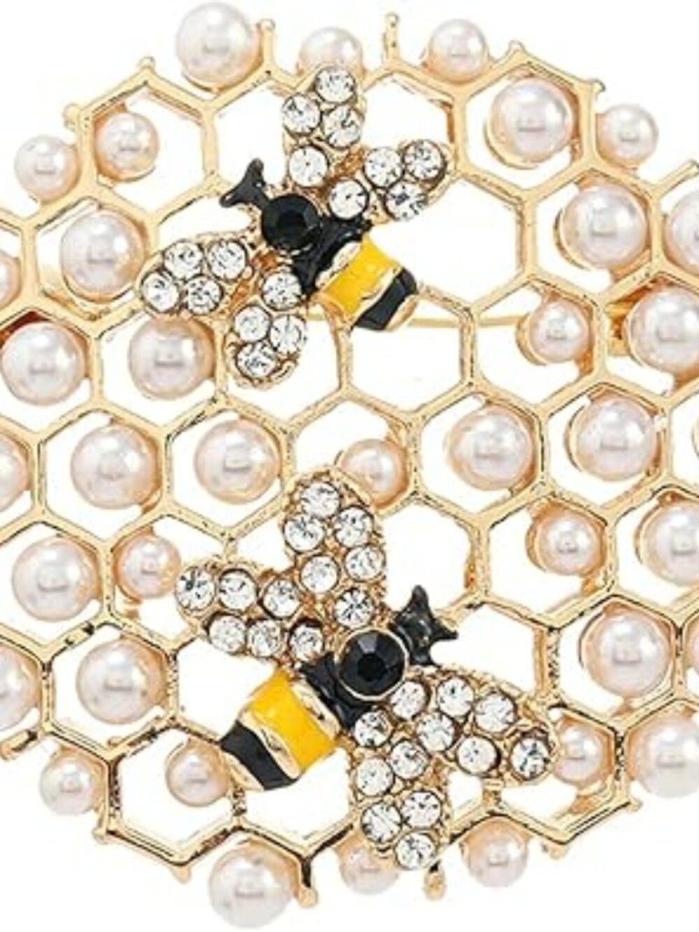 NEW Honeycomb Pearl Rhinestone Brooch Pin Gold-Toned Pearl w Bees - Adorable